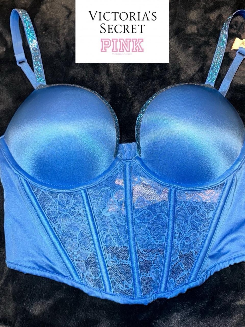 Victoria’s Secret PINK blue corset rhinestone strap bra top.